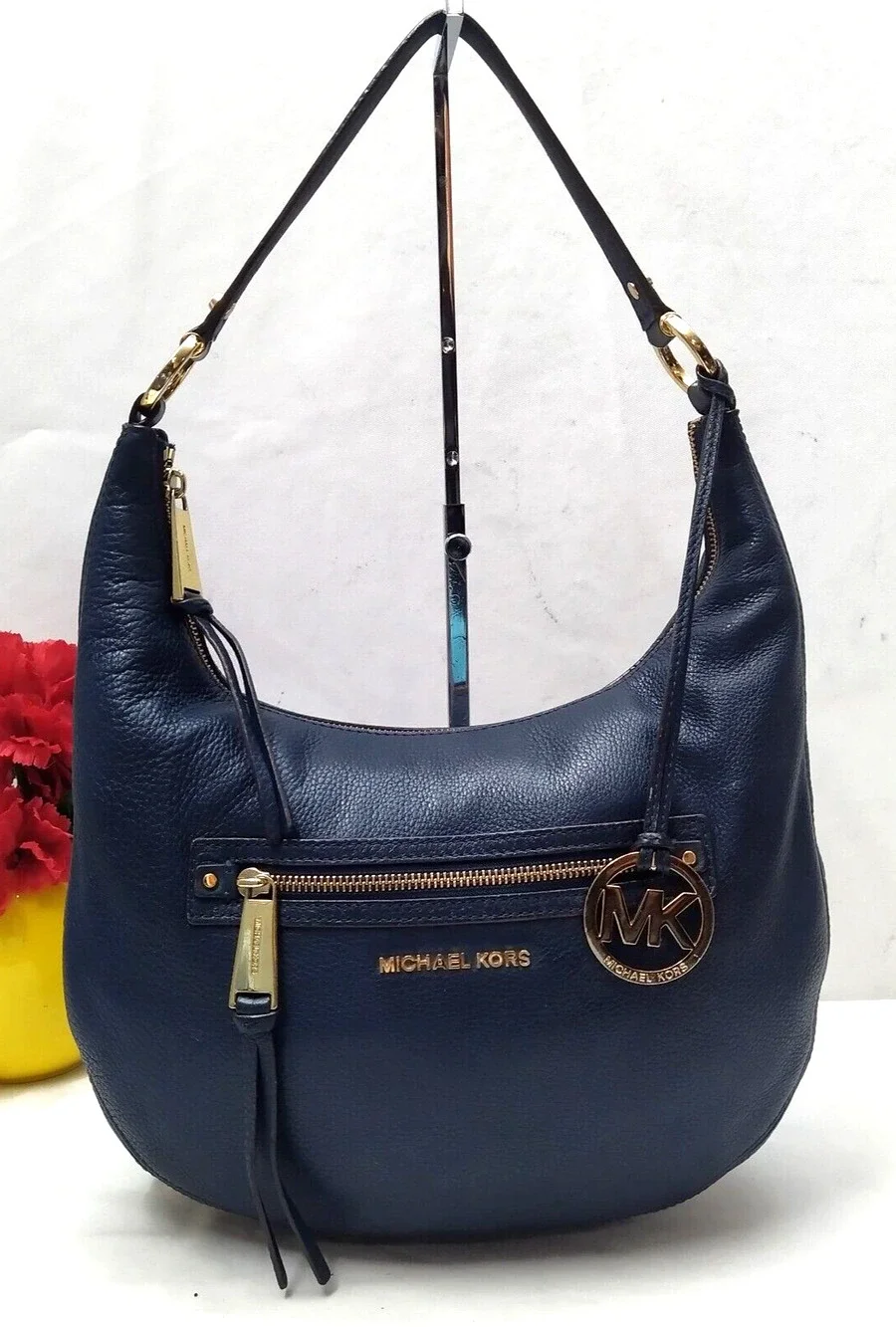 Michael Kors Rhea Blue Pebbled Leather Zipper Pocket Hobo Shoulder Bag